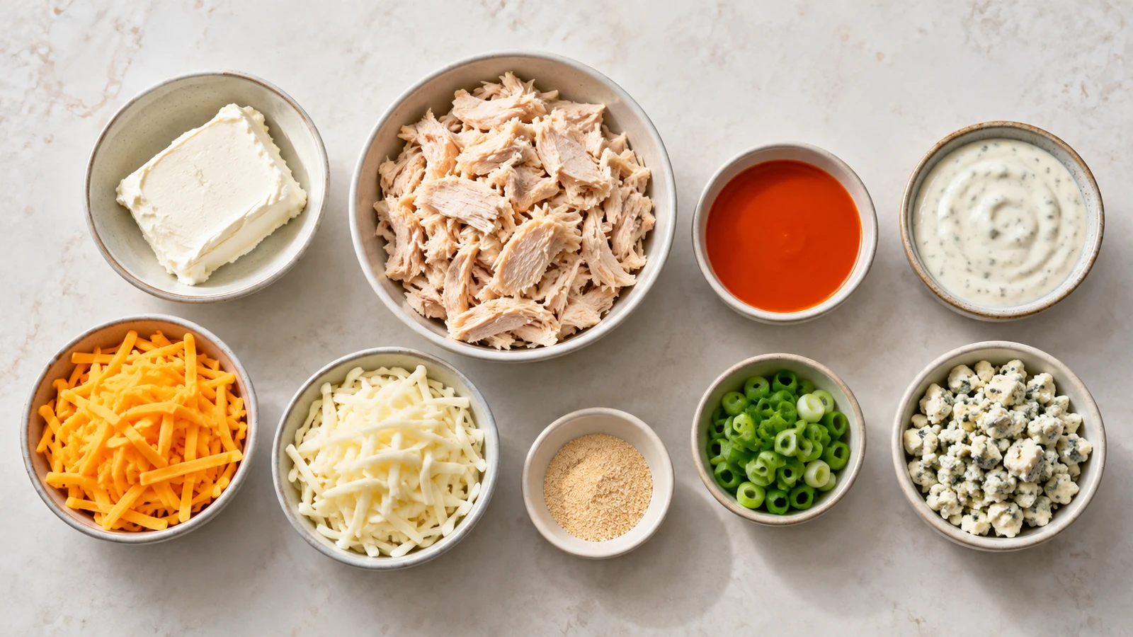 Ingredients for crock pot dips, including chicken, cheeses, buffalo sauce, ranch, garlic, and green onions.