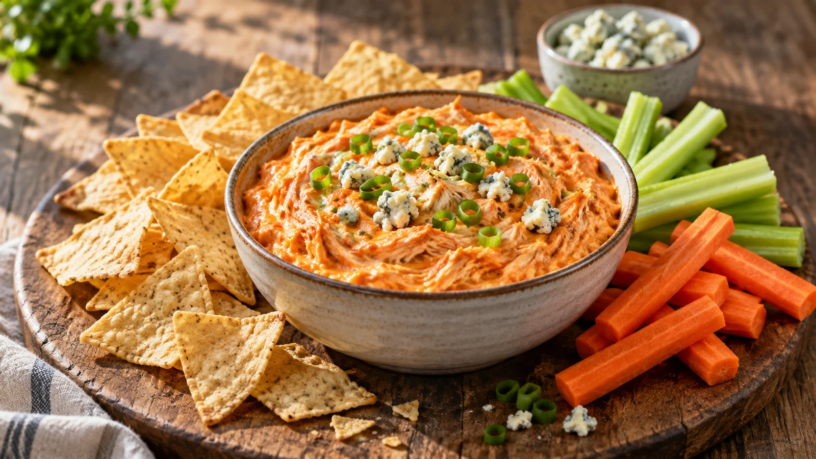 Crock pot dips served as buffalo chicken dip with tortilla chips, celery sticks, and carrot sticks.