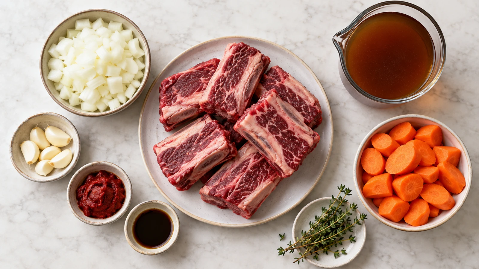 Crockpot beef short ribs recipe: crockpot beef short ribs ingredients with beef, carrots, onion, garlic, broth, tomato paste, and thyme.