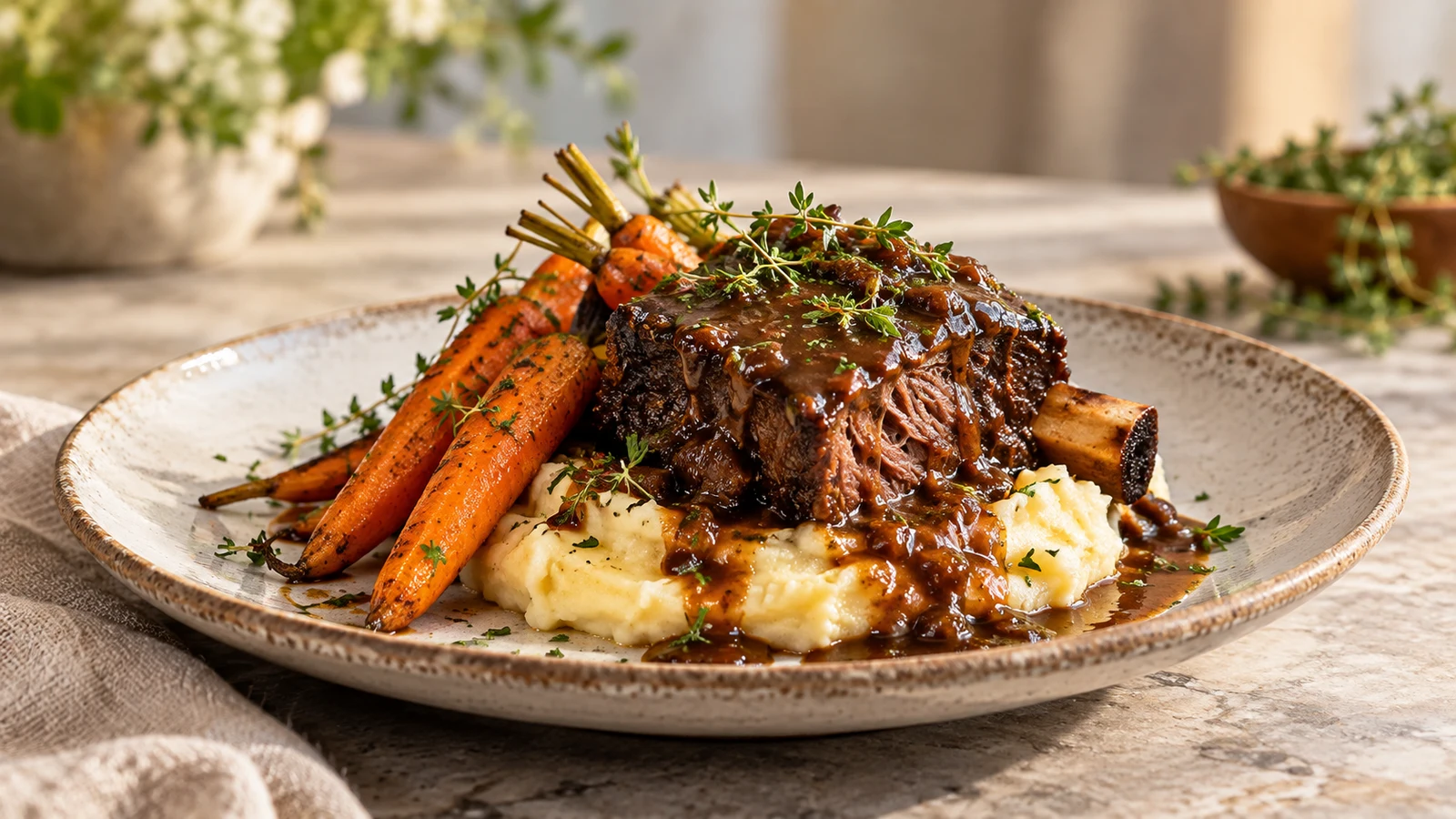 Crockpot beef short ribs served over creamy mashed potatoes with roasted carrots and fresh herbs.