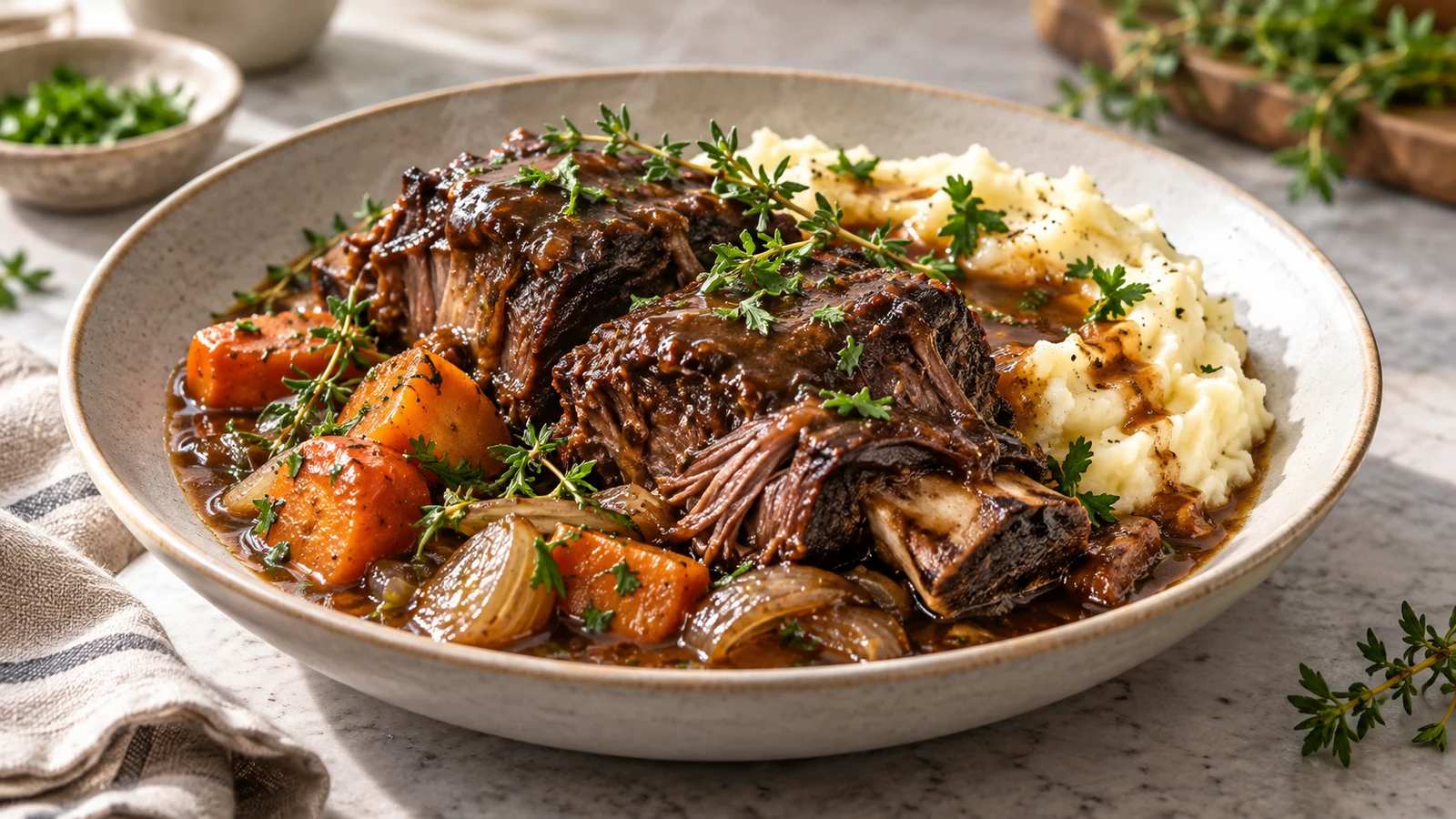 Crockpot beef short ribs with glossy gravy, mashed potatoes, carrots, parsley, and thyme.