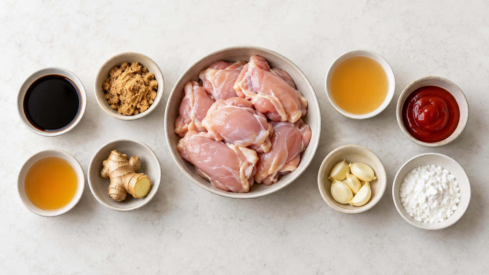 Ingredients for crockpot bourbon chicken arranged in bowls on a light surface.