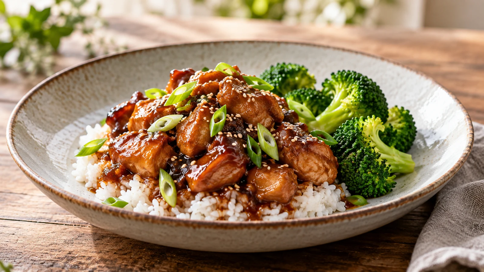 Crockpot bourbon chicken served over white rice with steamed broccoli and green onions.