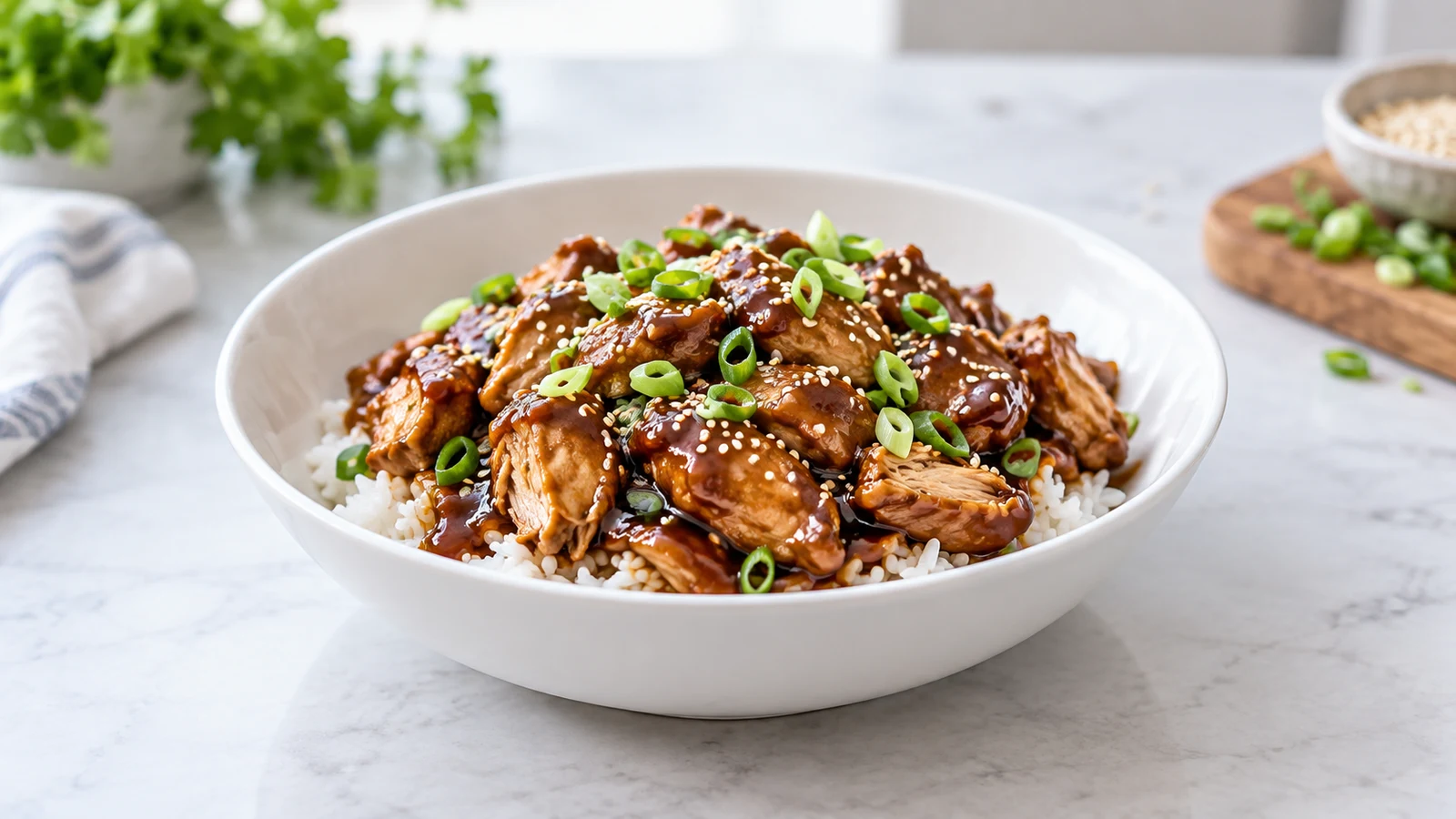 Glossy crockpot bourbon chicken topped with green onions and sesame seeds in a white bowl.