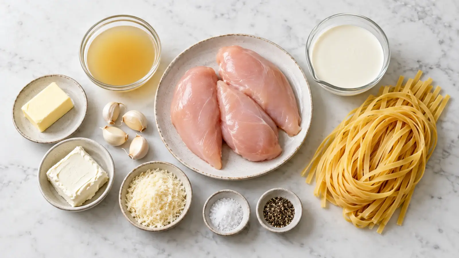 Ingredients for crockpot chicken Alfredo arranged in a bright, organized overhead flat lay.