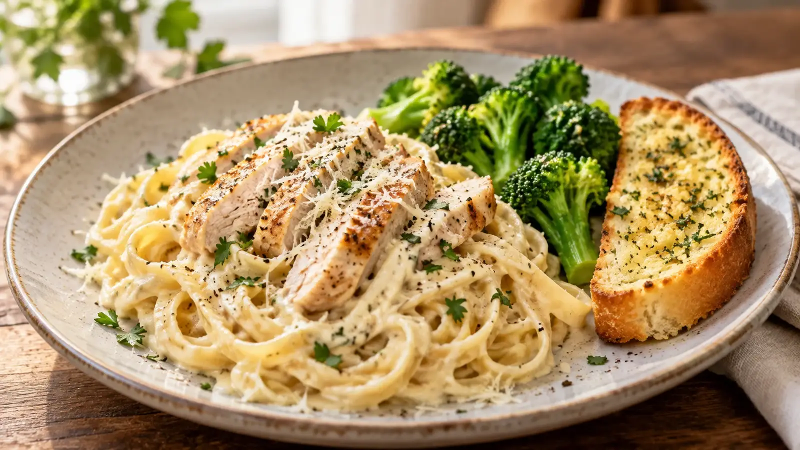 Crockpot chicken Alfredo served with steamed broccoli and garlic bread, topped with parsley and Parmesan.