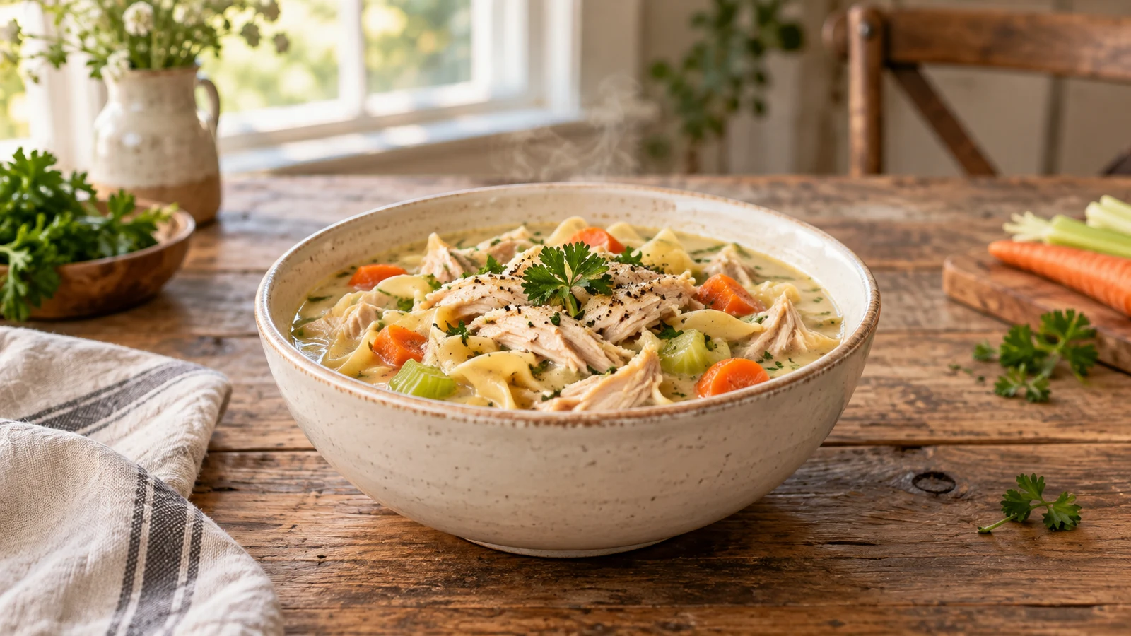 Crockpot chicken and noodles with tender chicken, vegetables, parsley, and creamy broth in a farmhouse setting.