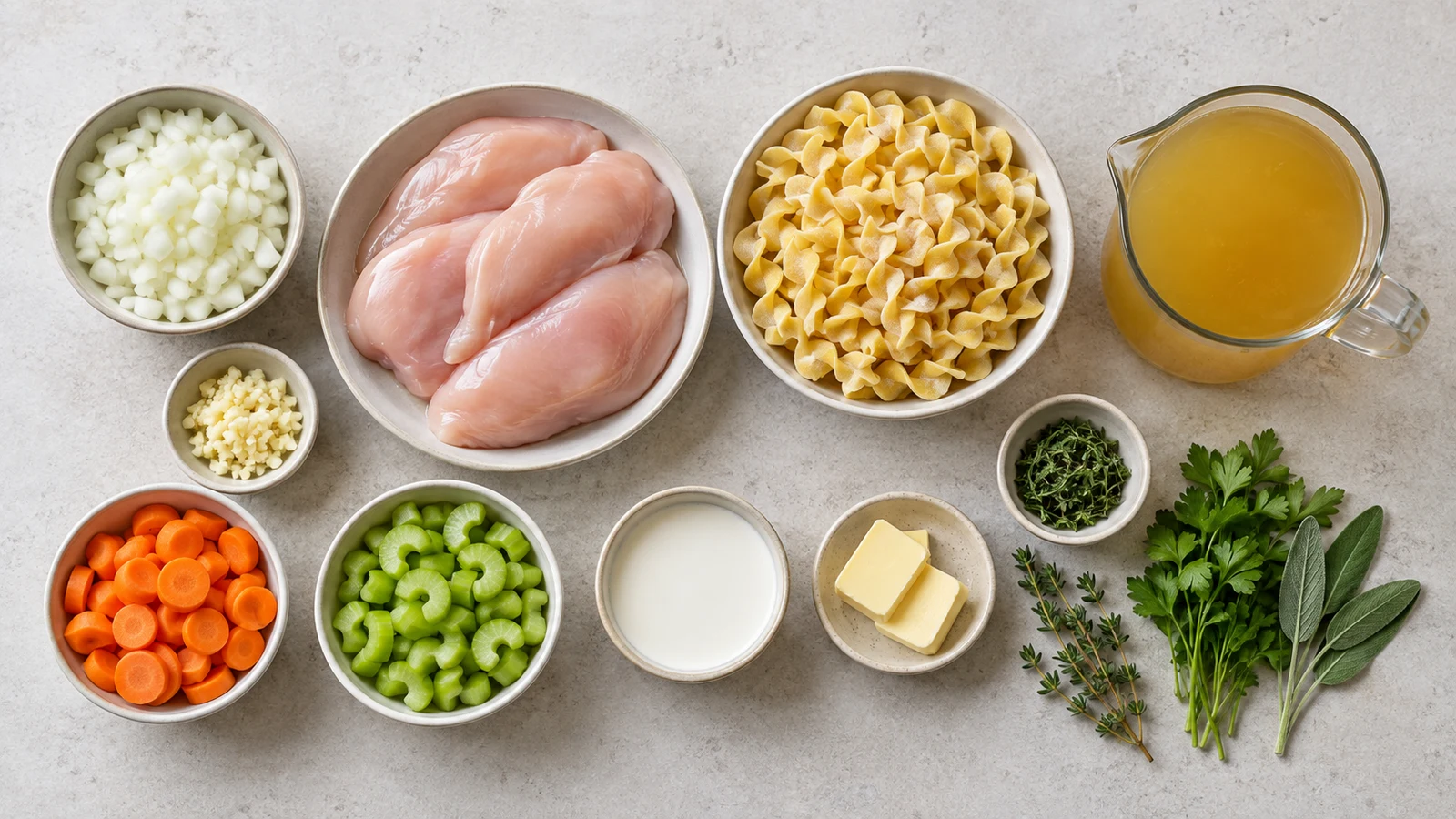 Crockpot chicken and noodles recipe: ingredients for crockpot chicken and noodles arranged in a bright, organized flat lay.