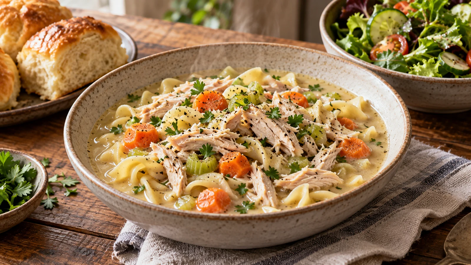 Crockpot chicken and noodles served with warm dinner rolls and a simple green salad.