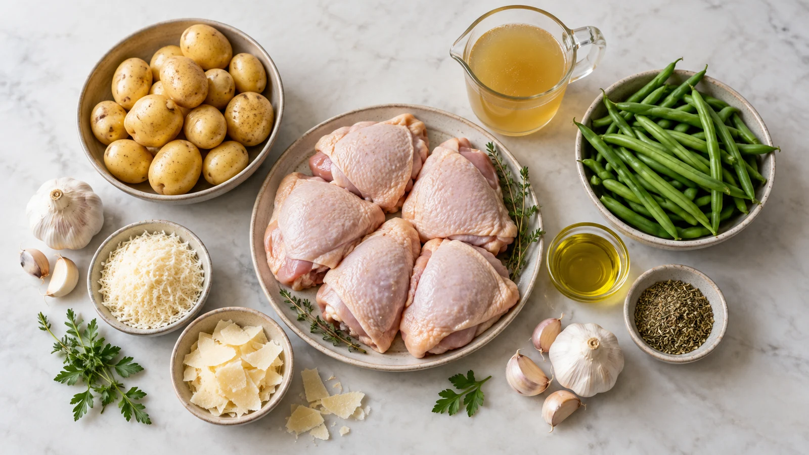 Crockpot chicken and potato recipes: crockpot chicken and potato ingredients with chicken, baby potatoes, garlic, Parmesan, broth, and green beans.