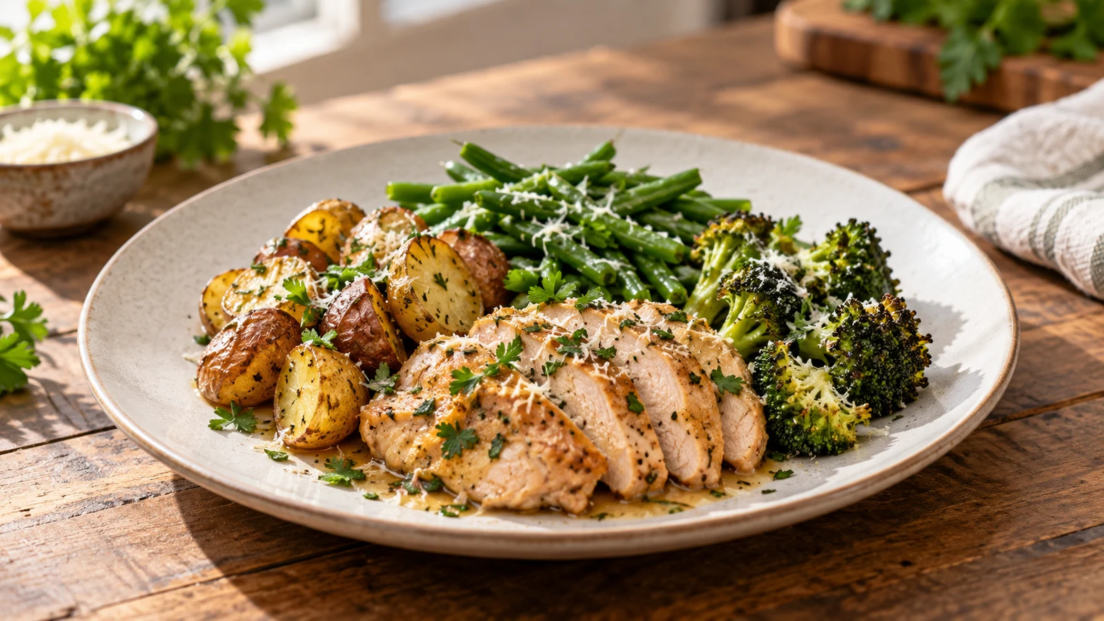 Crockpot chicken and potato served with parsley, extra Parmesan, green beans, and roasted broccoli.