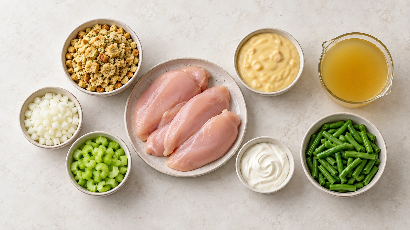 Crockpot chicken and stuffing recipe: ingredients for crockpot chicken and stuffing arranged in a bright, organized flat lay.