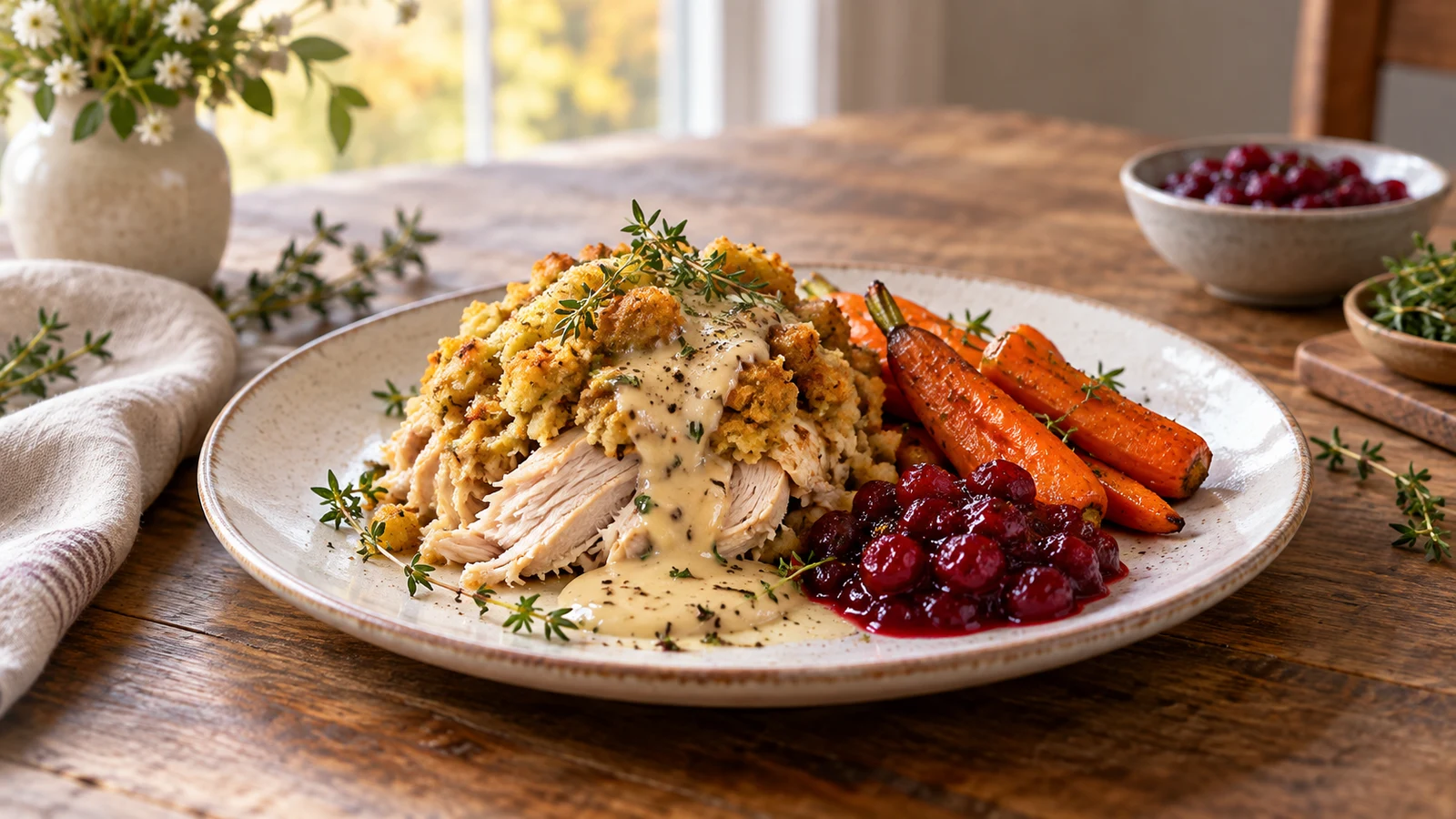crockpot chicken and stuffing served with roasted carrots, cranberry sauce, and fresh thyme.