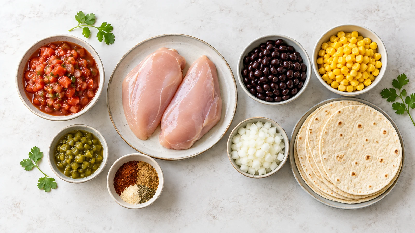 Crockpot chicken tacos recipe: ingredients for crockpot chicken tacos arranged with chicken, salsa, beans, corn, onion and tortillas.