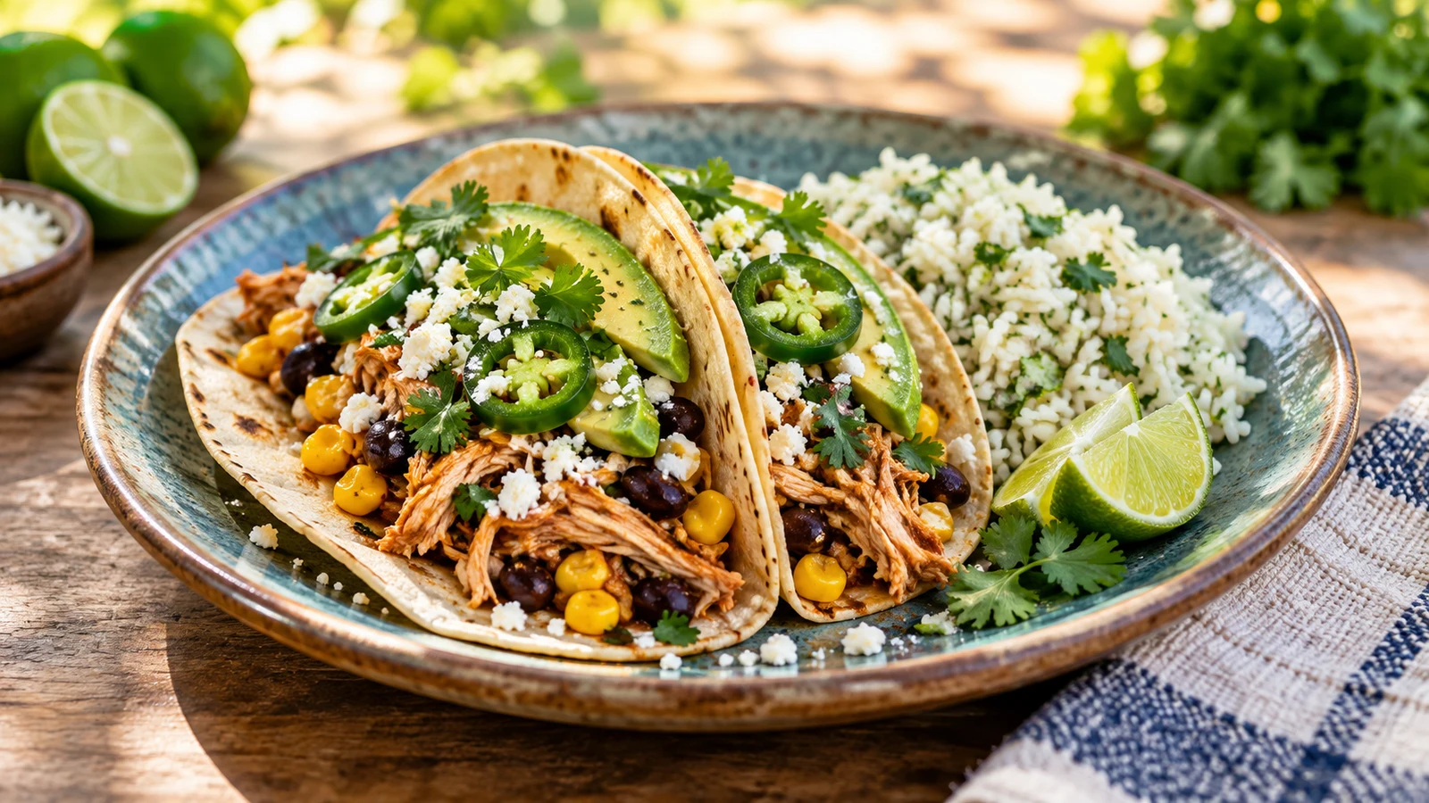 Crockpot chicken tacos served with avocado, cilantro, lime, cotija and a side of cilantro-lime rice.