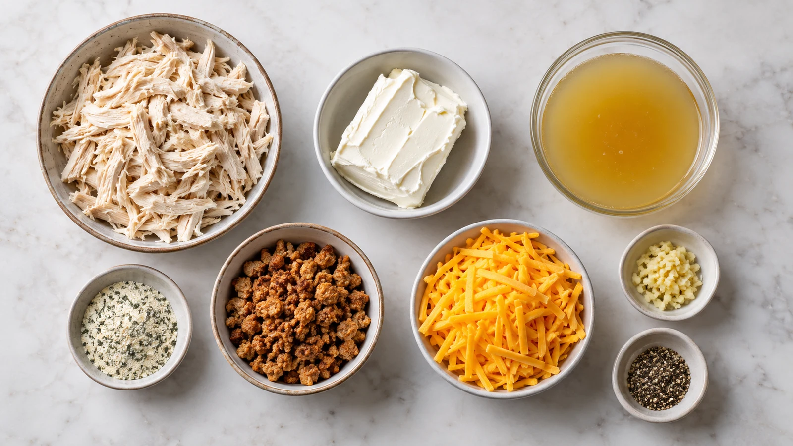 Ingredients for dinner ideas with chicken breast, including cream cheese, cheddar, ranch, garlic, and broth.