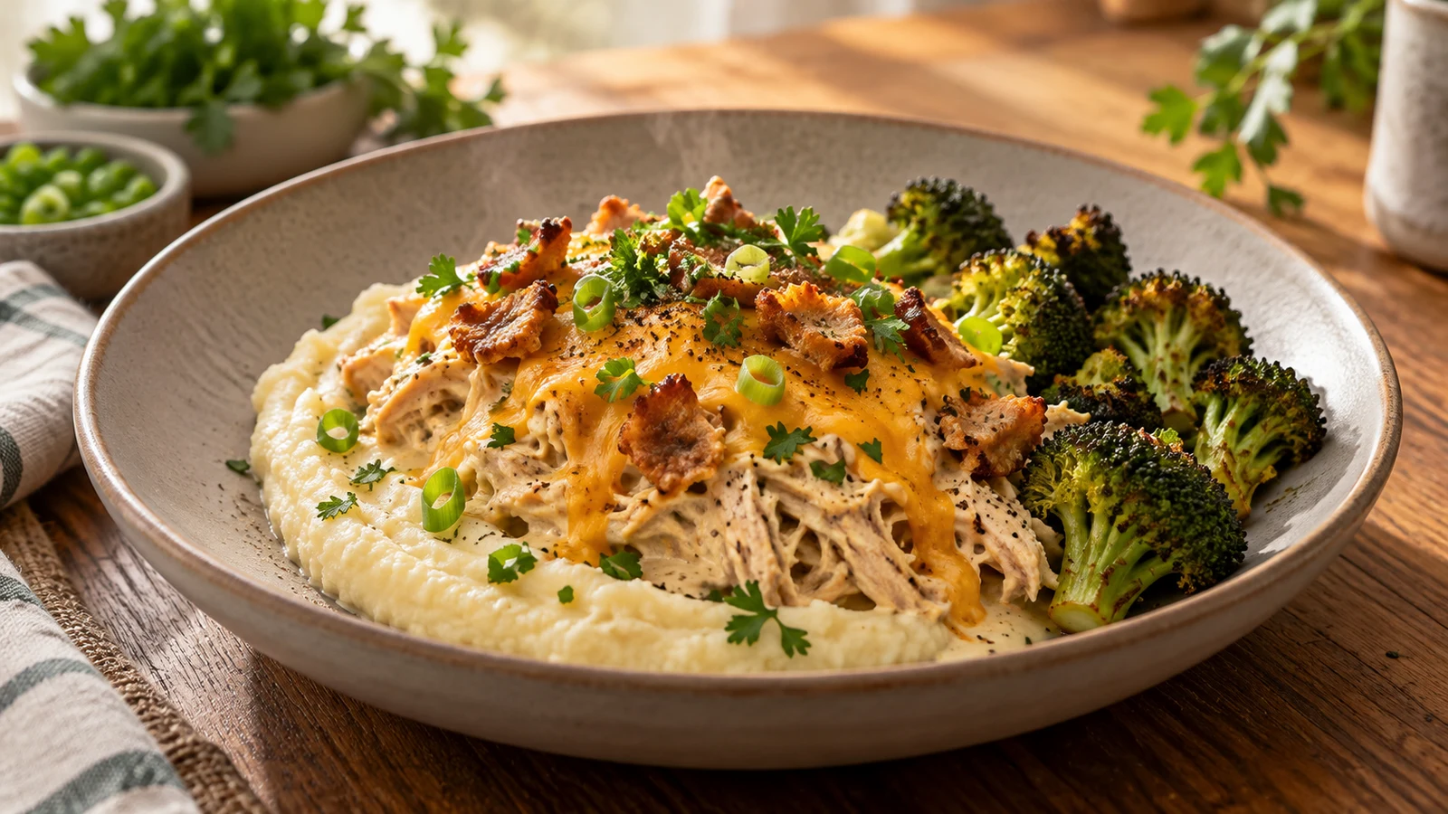 Dinner ideas with chicken breast served over cauliflower mash with roasted broccoli and fresh garnishes.