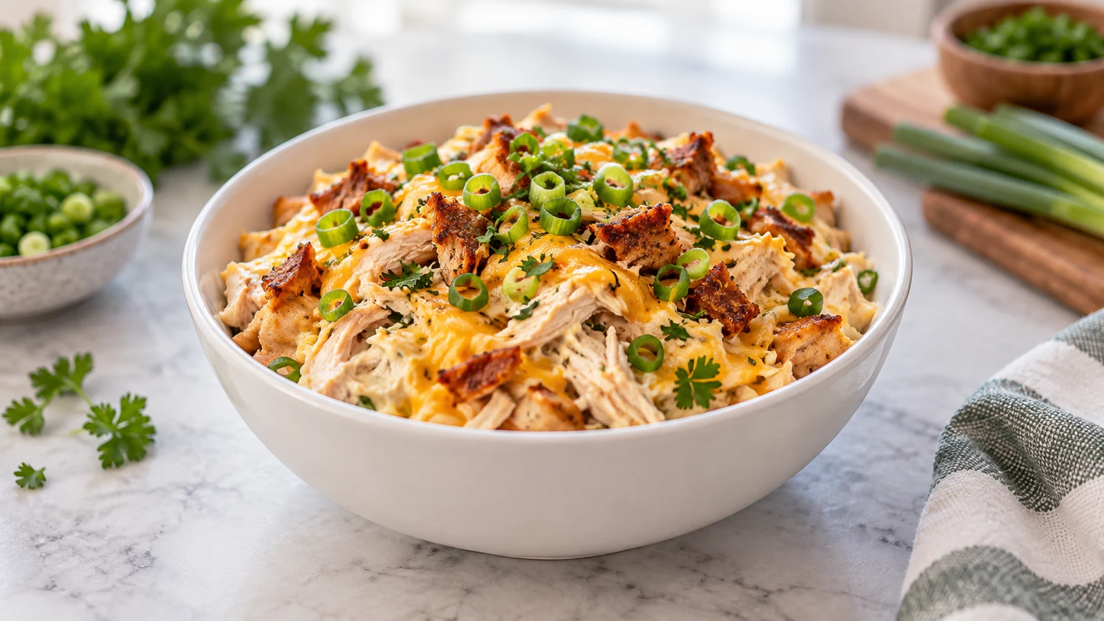 Creamy dinner ideas with chicken breast topped with cheddar, green onions, parsley, and crisp turkey pieces.