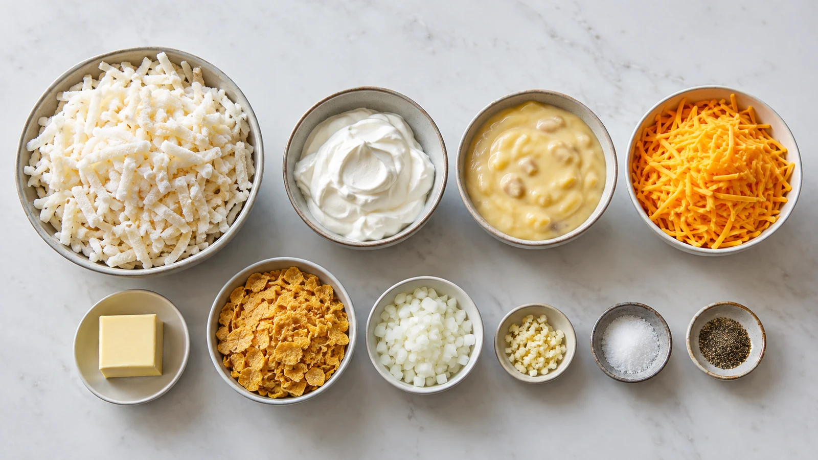 Funeral potatoes recipe: ingredients for Easy Funeral Potatoes arranged in bowls with hash browns, cheddar, sour cream, and cornflakes.