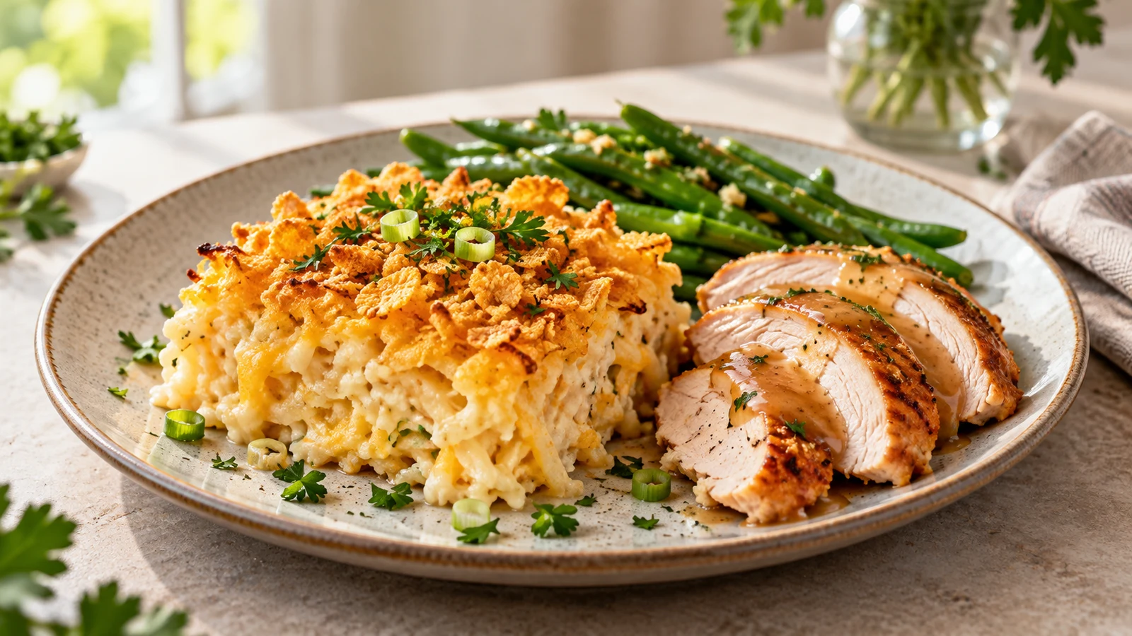 Easy Funeral Potatoes served with glazed ham and green beans, garnished with green onions and parsley.