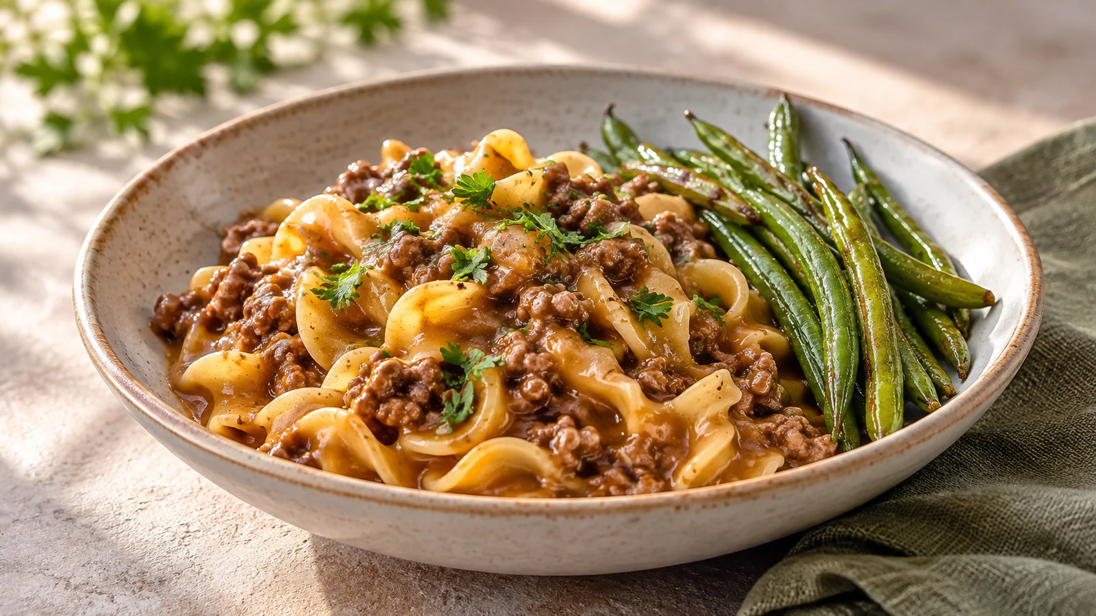 Ground beef and noodles served with chopped parsley and roasted green beans.