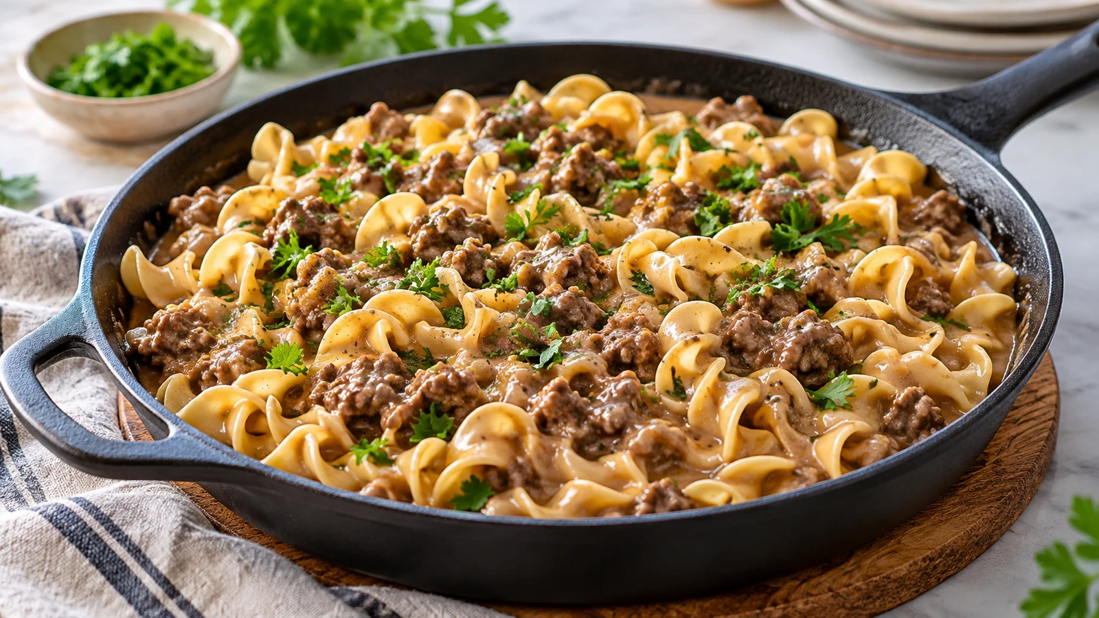Ground beef and noodles in savory gravy, finished with chopped parsley in a skillet.