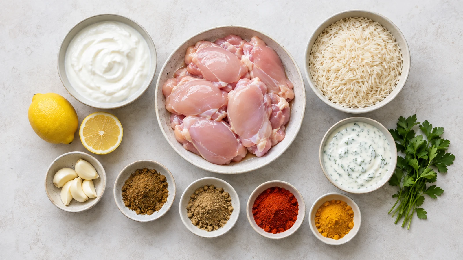 Ingredients for halal cart chicken, including thighs, yogurt, spices, basmati rice and white sauce.