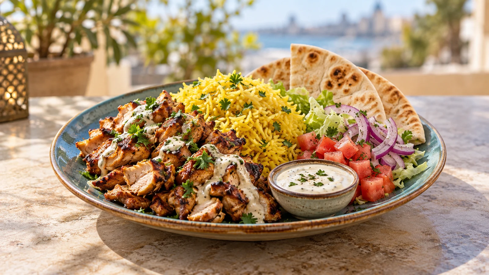 Halal cart chicken served with turmeric rice, creamy white sauce, fresh salad and warm pita.