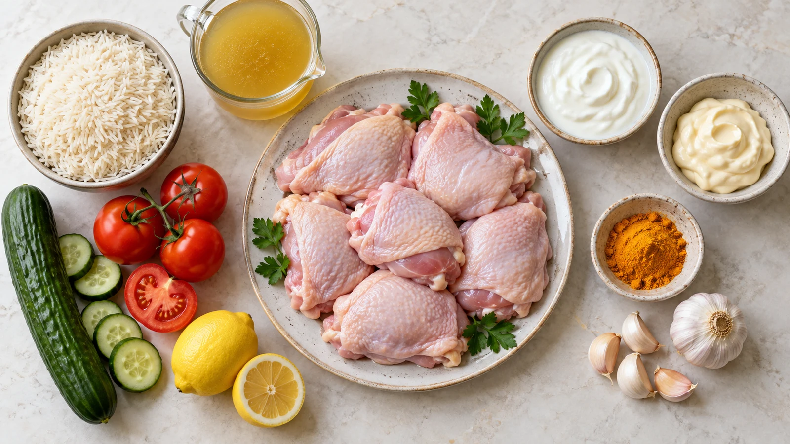 Halal chicken over rice ingredients arranged with chicken thighs, basmati rice, yogurt, lemon and vegetables.