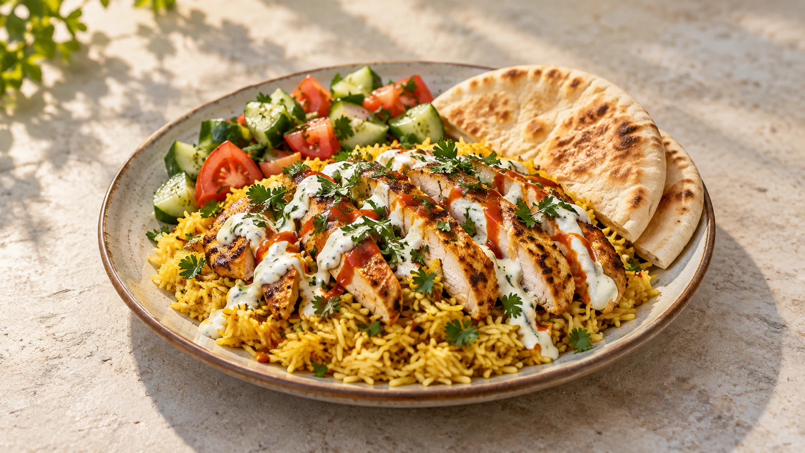 Halal chicken over rice served with white sauce, red hot sauce, cucumber-tomato salad, parsley and warm pita.