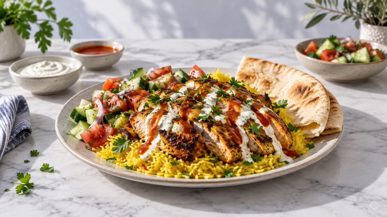 Halal chicken over rice with golden basmati, creamy white sauce, salad, hot sauce, parsley and pita.