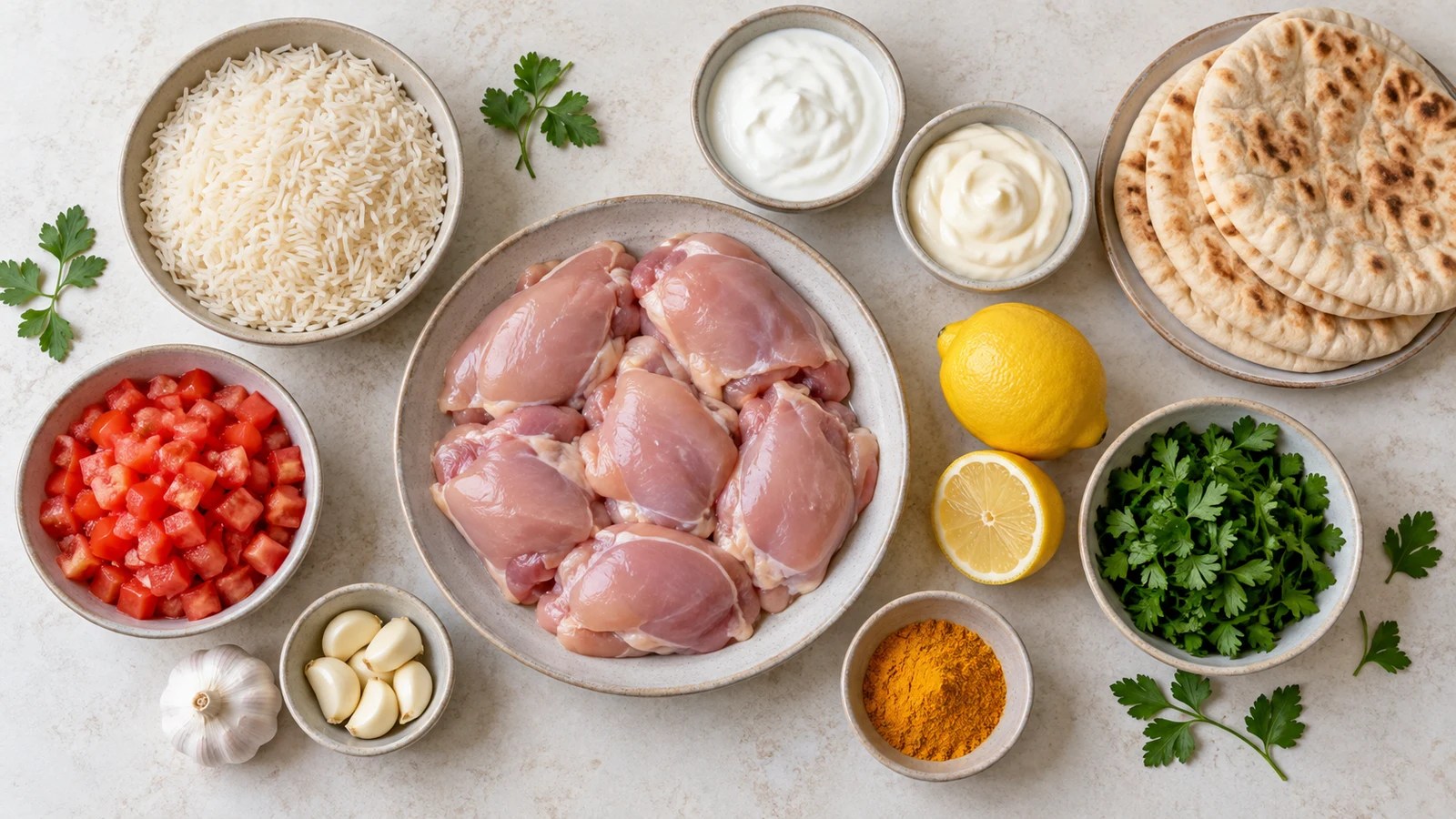 Ingredients for halal food recipes-chicken, including chicken thighs, rice, yogurt, garlic, lemon, and turmeric.