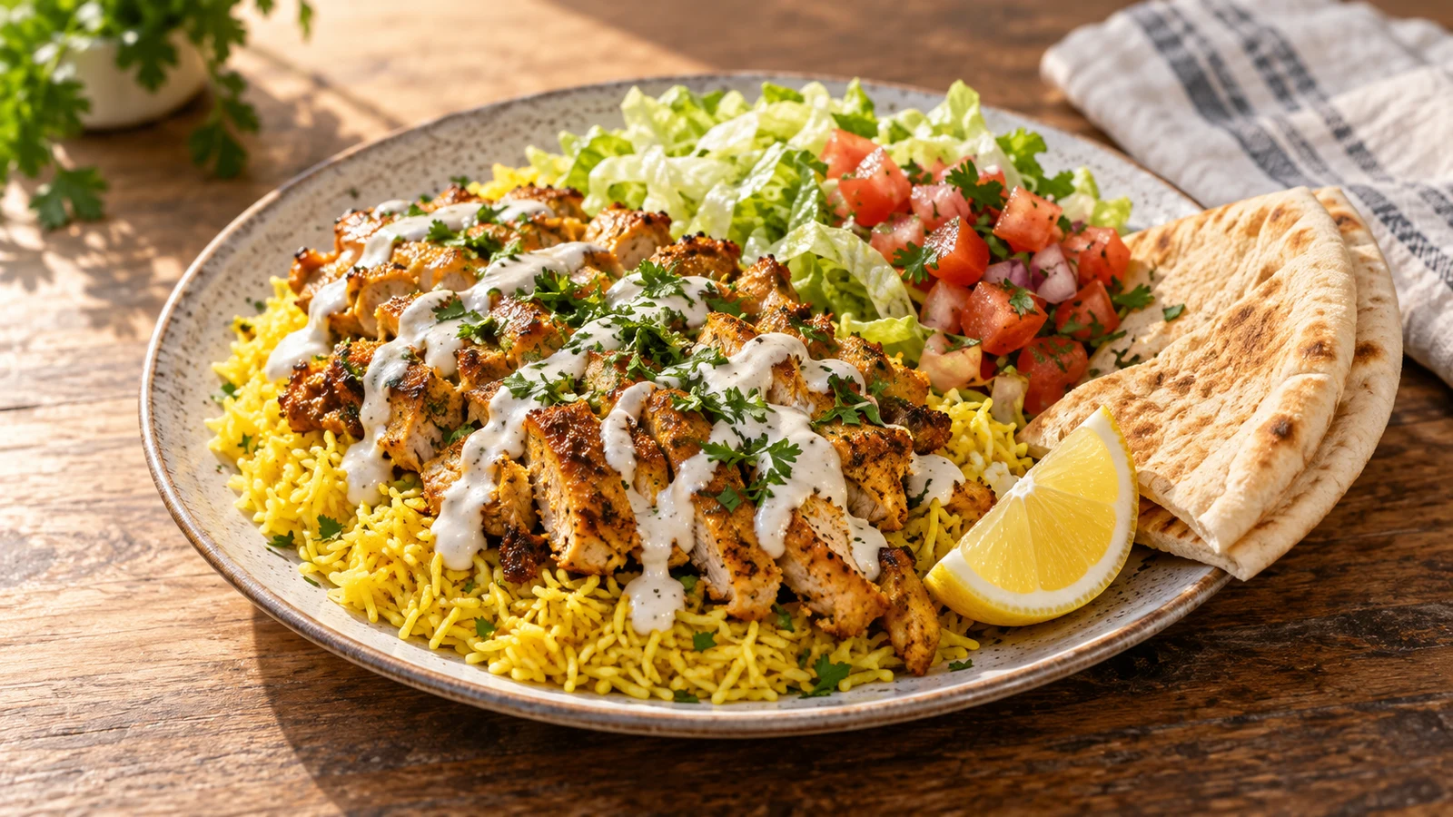 Halal food recipes-chicken served over yellow rice with white sauce, lettuce, tomato salad, pita, and lemon.