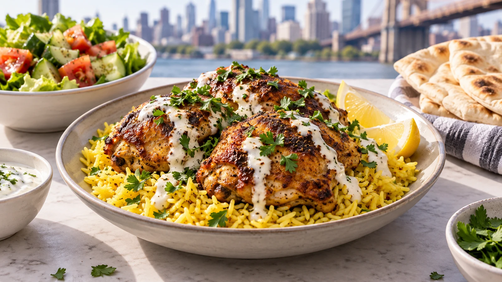 Halal food recipes-chicken NYC platter with yellow rice, white sauce, salad, pita, parsley, and lemon.