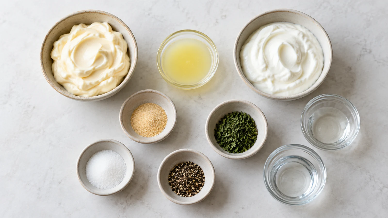 Ingredients for halal food white sauce arranged in small bowls on a clean light surface.