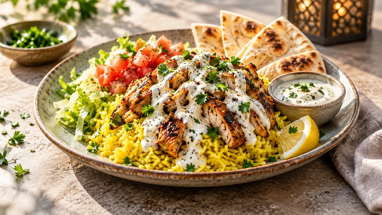 Halal food white sauce drizzled over chicken and yellow rice with lettuce, tomatoes, and pita.