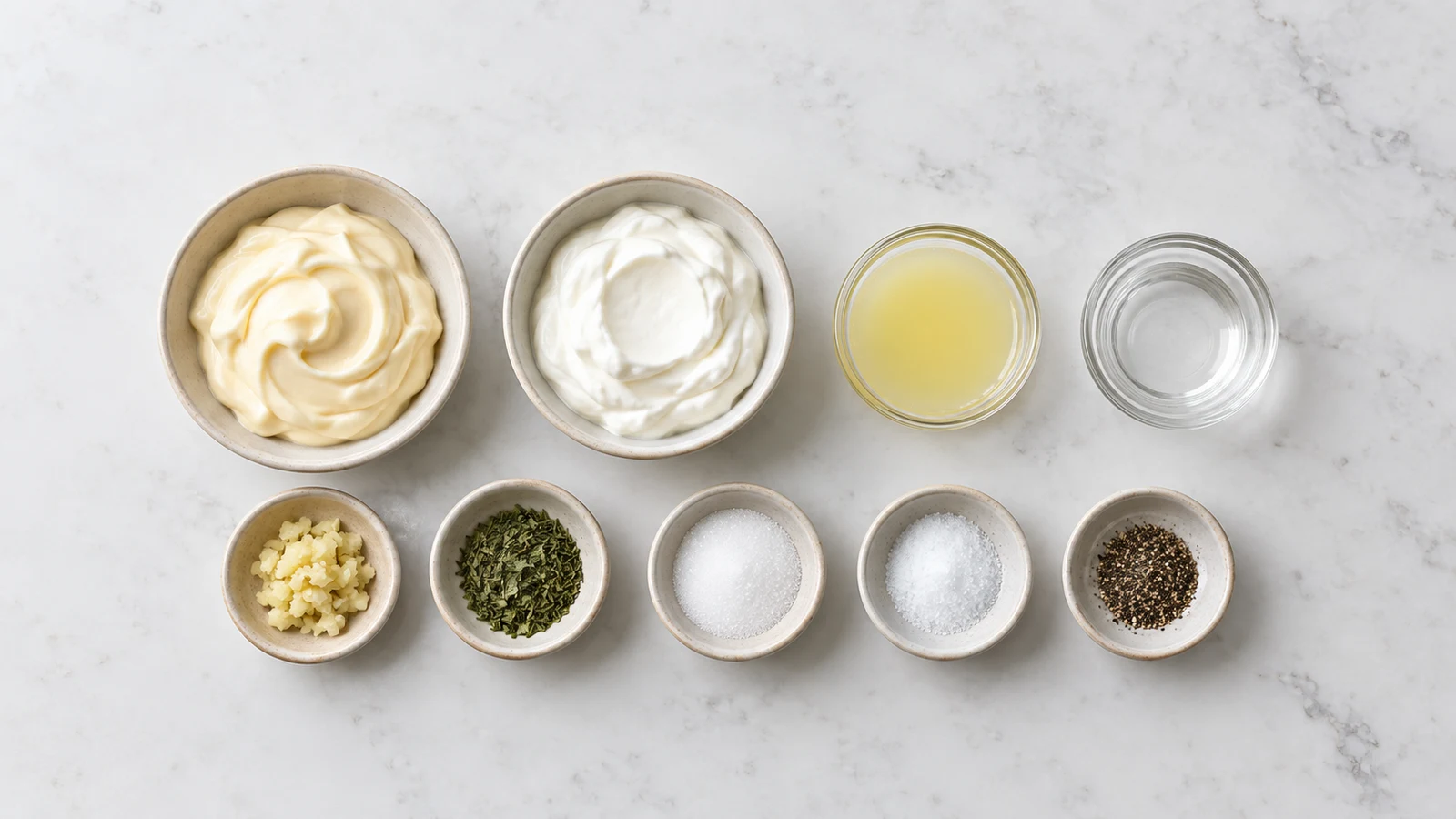 Ingredients for halal white sauce arranged in small bowls on a clean light surface.