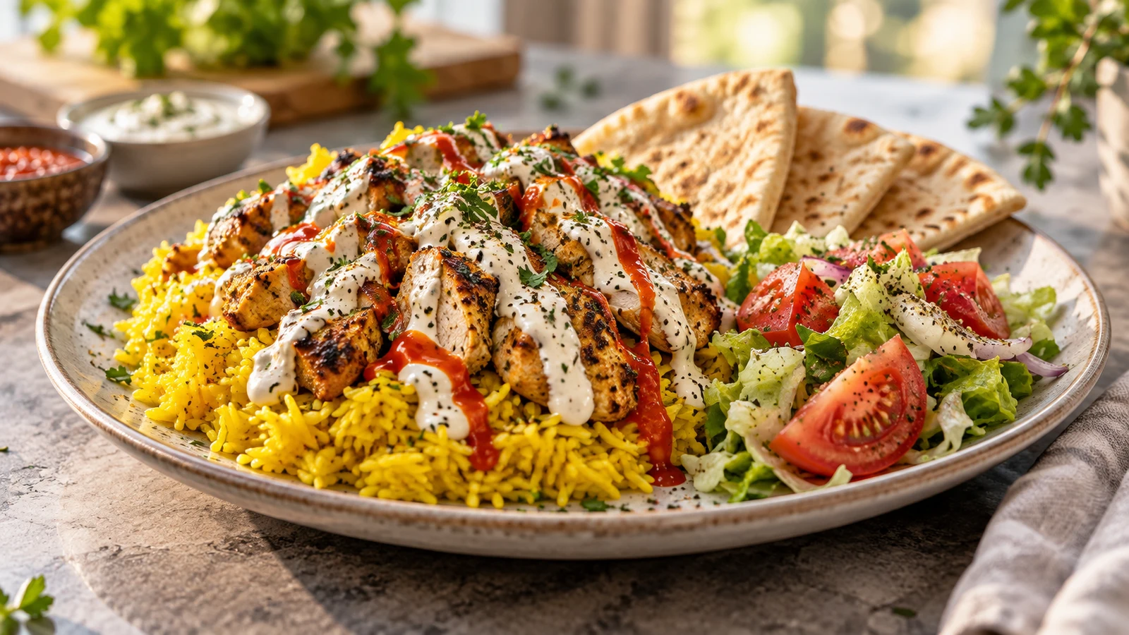 Halal white sauce over seasoned chicken and turmeric rice with lettuce, tomato, and pita.