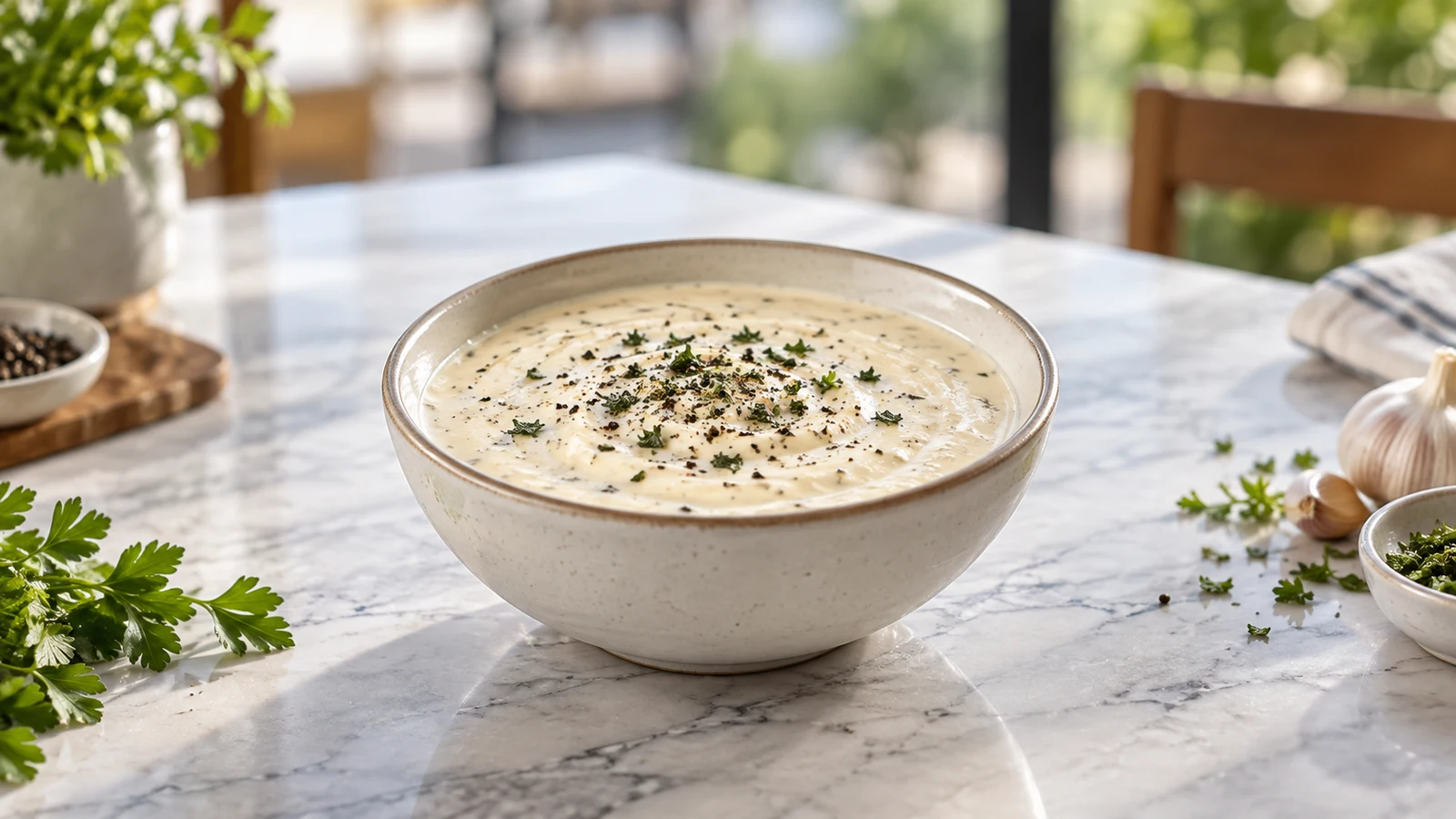 Creamy halal white sauce topped with dried parsley and cracked black pepper in a ceramic bowl.