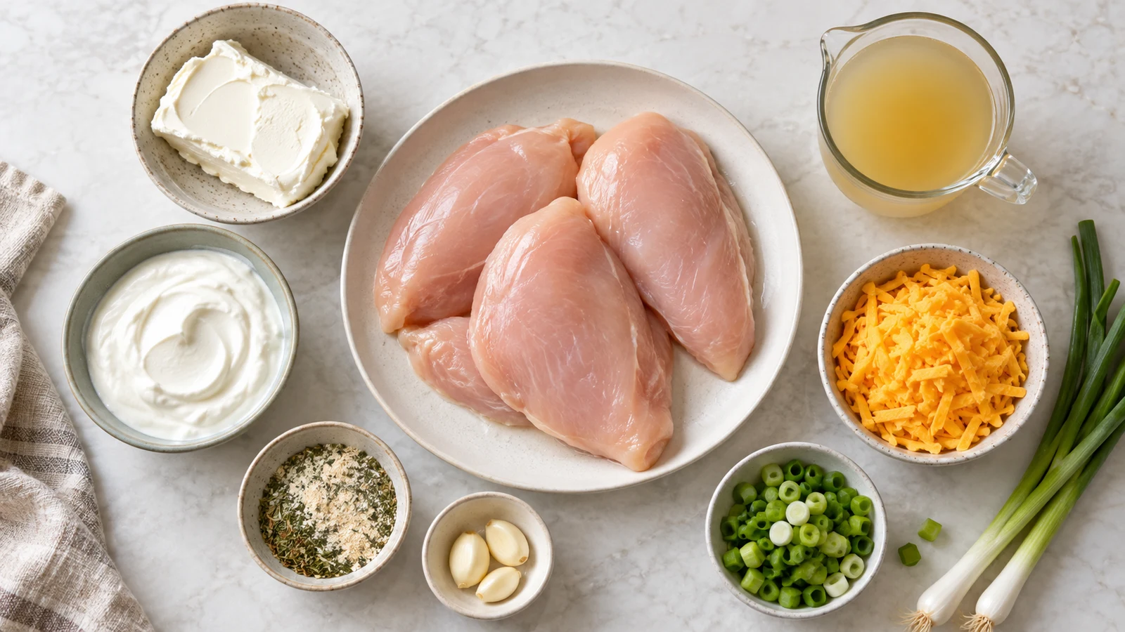Ingredients for healthy chicken dinner ideas, including chicken breast, Greek yogurt, cheddar, garlic, and green onions.