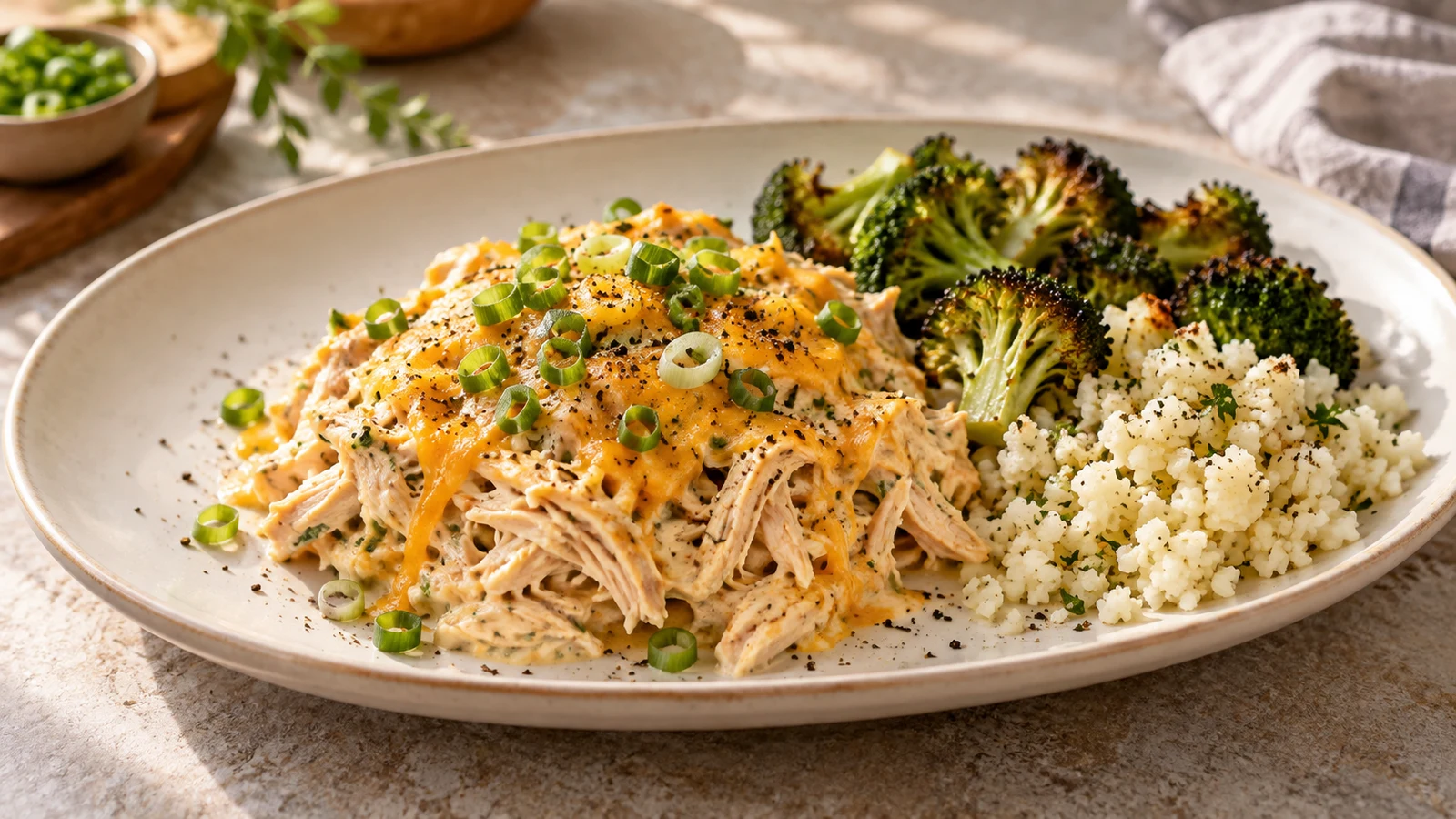 Healthy chicken dinner ideas served with roasted broccoli, cauliflower rice, cheddar, and green onions.