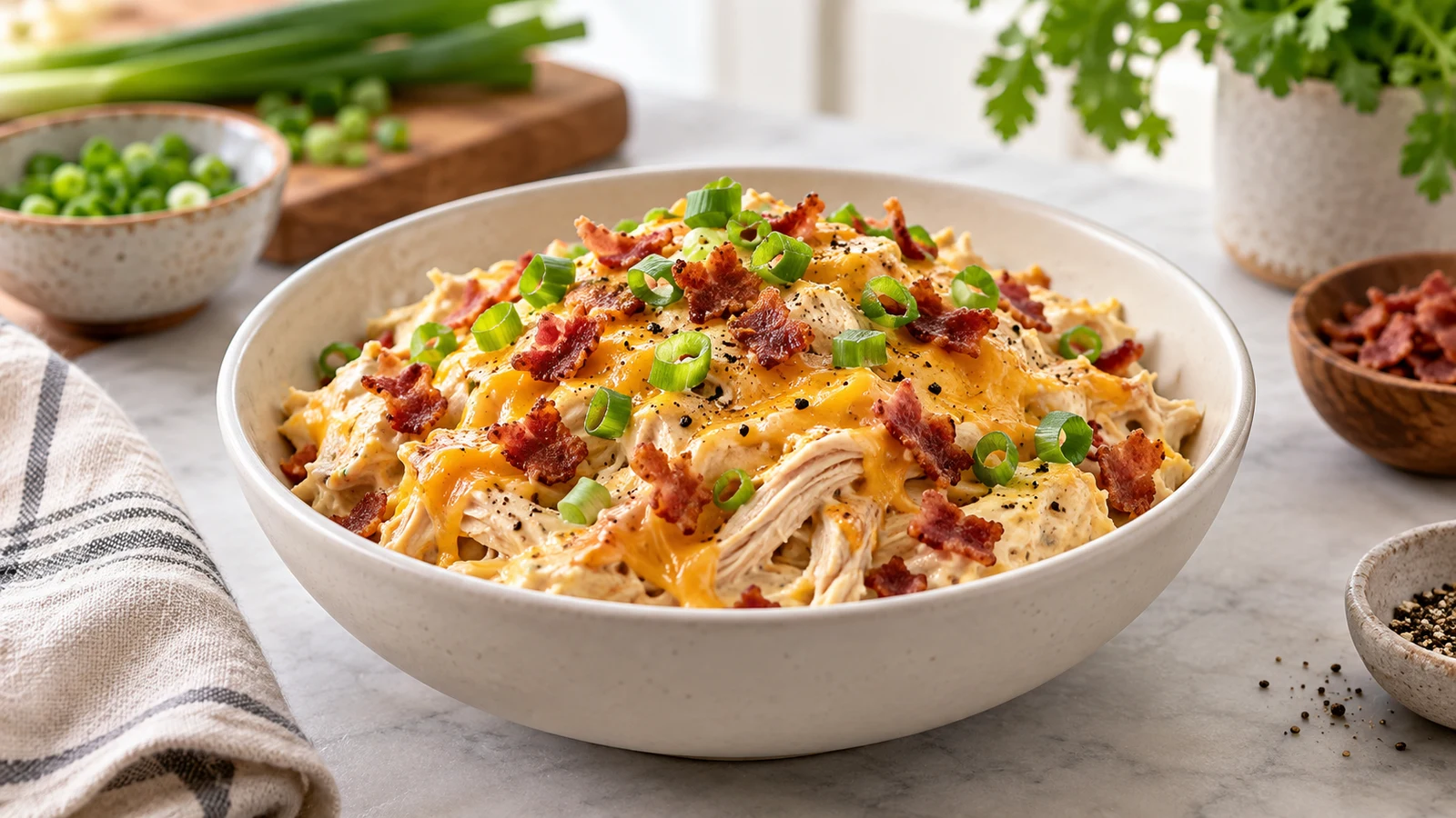 Healthy chicken dinner ideas featuring creamy shredded chicken with cheddar, green onions, and turkey bacon.