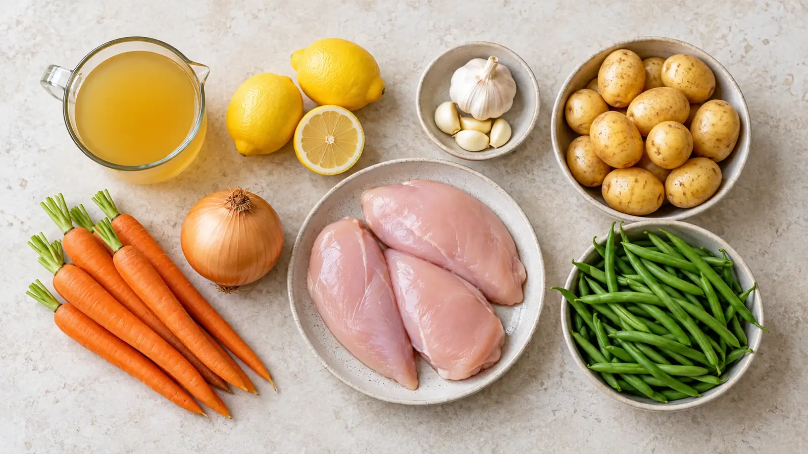 Ingredients for healthy crockpot chicken, including chicken breasts, lemon, garlic, broth, and vegetables.