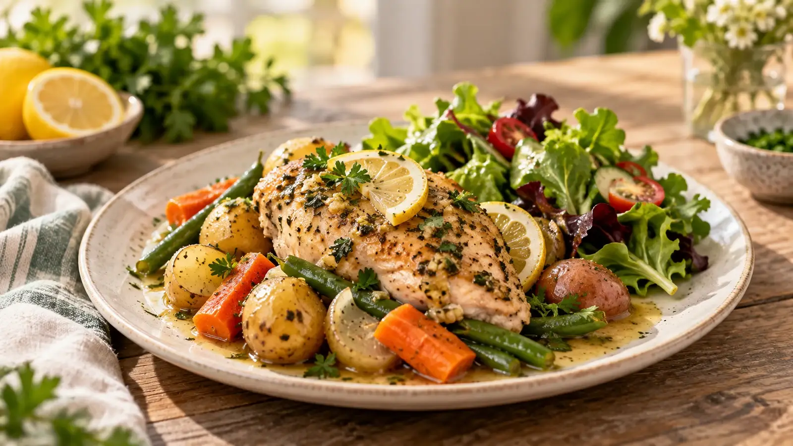 Healthy crockpot chicken served with lemon-herb vegetables, parsley, potatoes, and mixed-green salad.