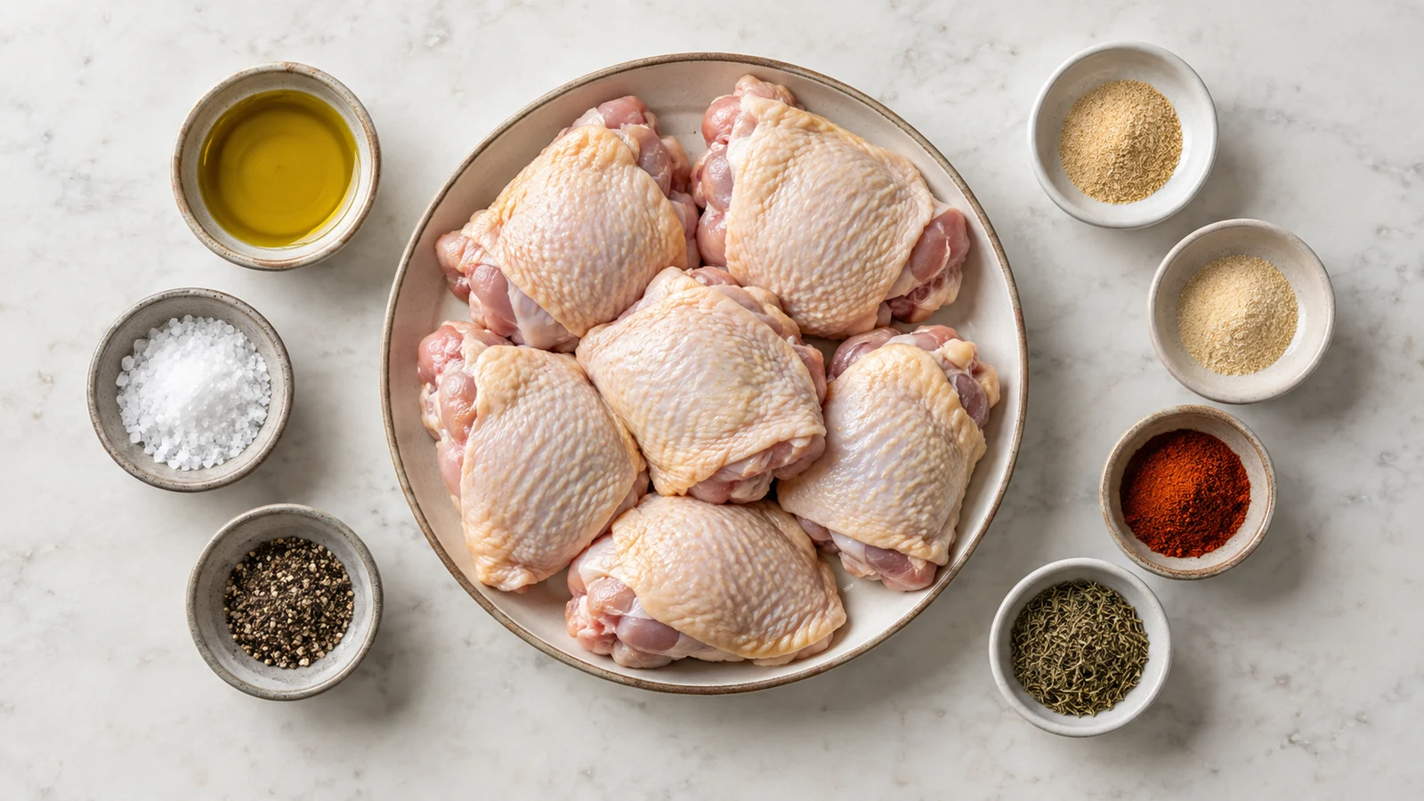 How long to air fry chicken thighs ingredients arranged neatly in a bright overhead flat lay.