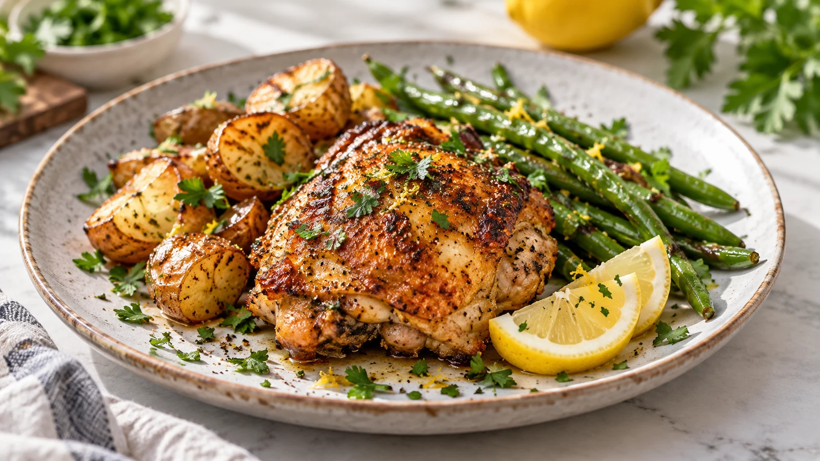 How long to air fry chicken thighs served with roasted potatoes, green beans, parsley, and lemon.