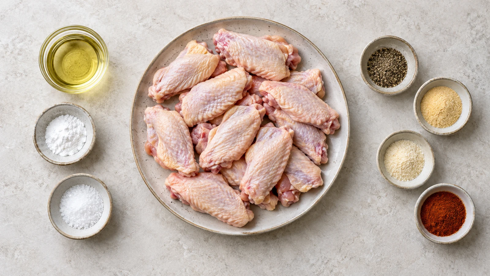 How long to air fry chicken wings ingredients arranged in a bright, organized flat lay.