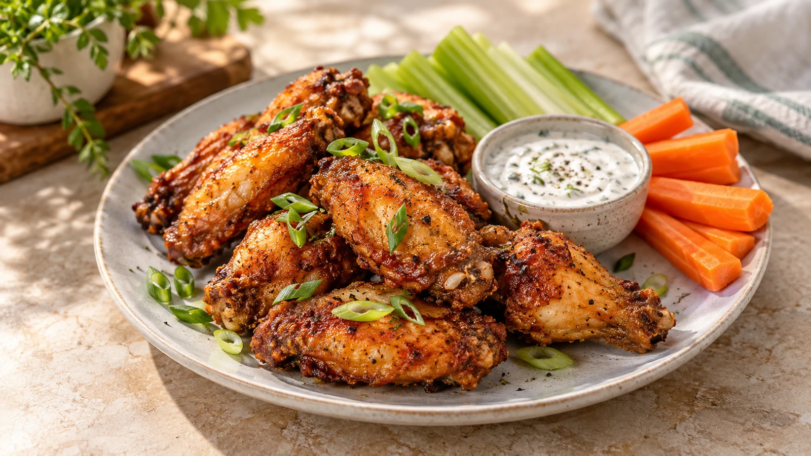 How long to air fry chicken wings served with scallions, celery, carrots, and ranch dip.