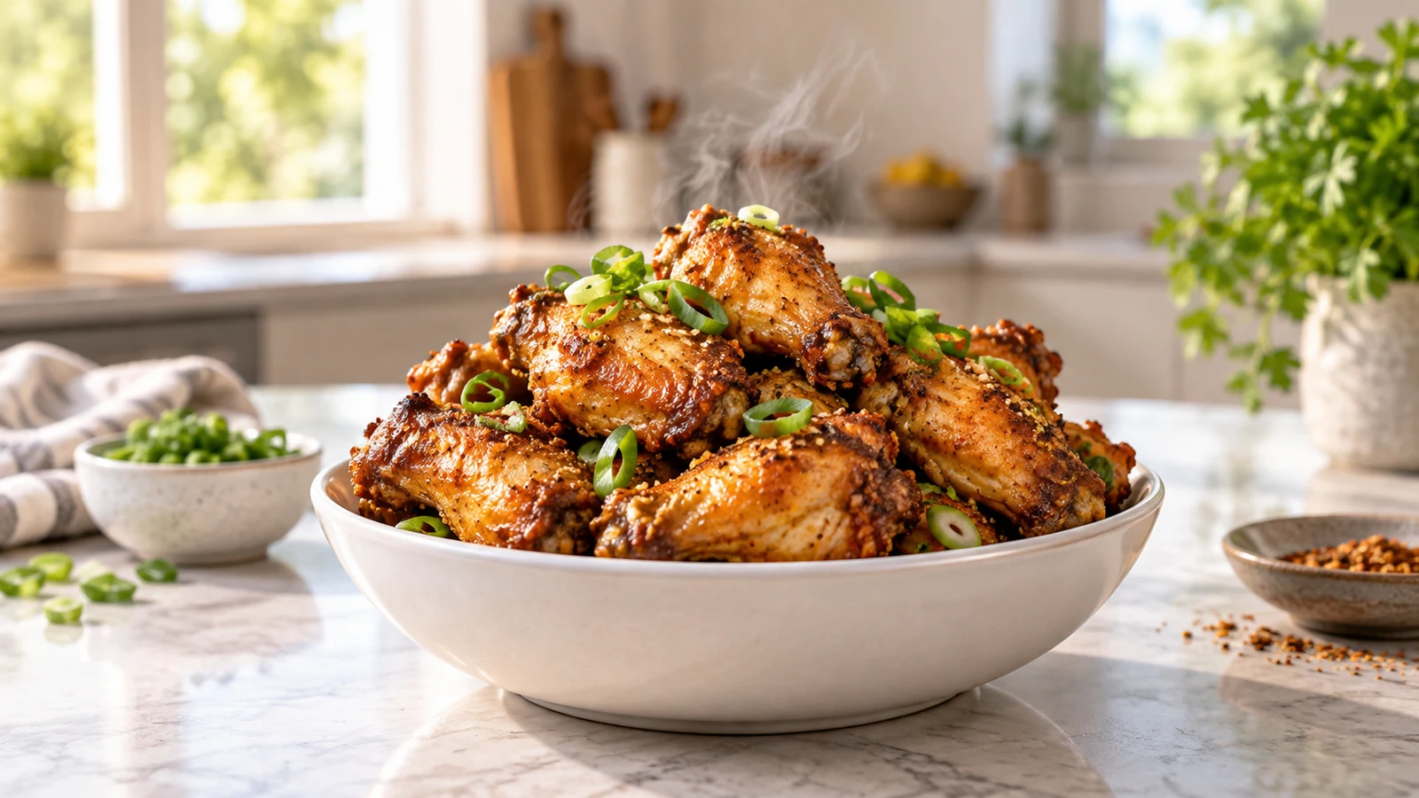 How long to air fry chicken wings shown golden, crisp, steaming, and topped with sliced scallions.