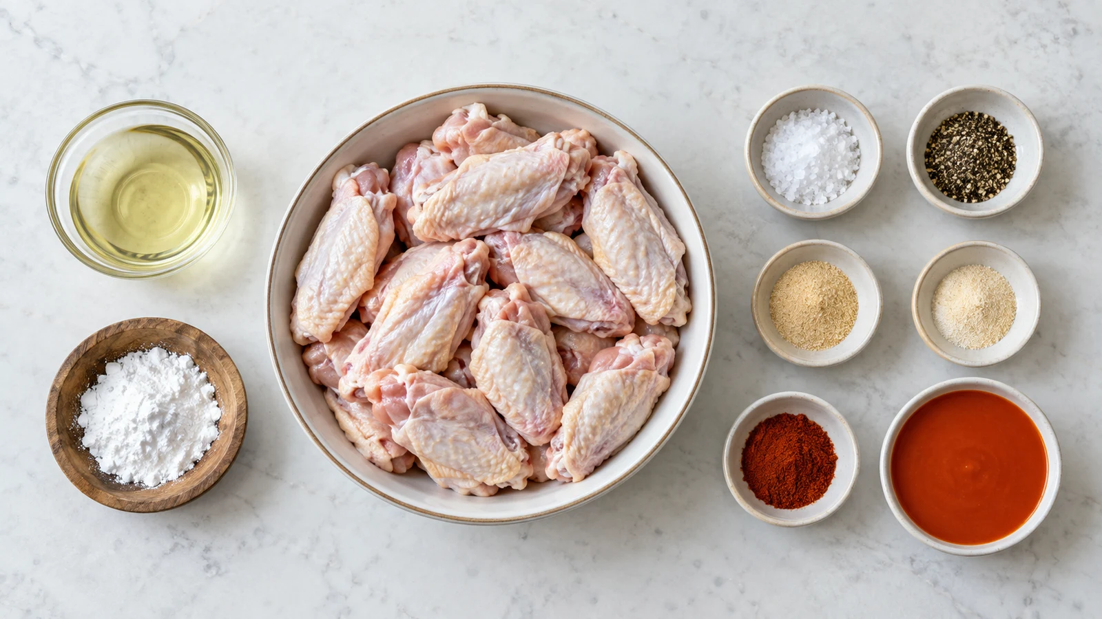 Ingredients for how long to cook chicken wings in air fryer, arranged in a bright, organized flat lay.